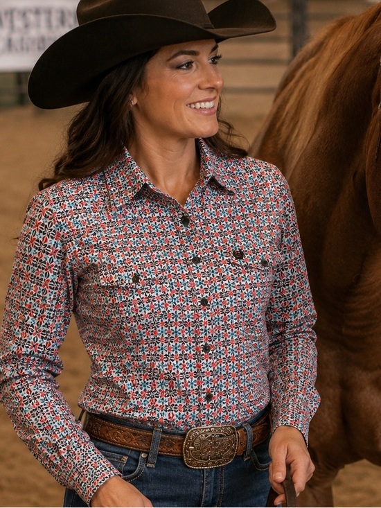 Cinch Tops - Cinch Retro Mid Century Modern, MCM Floral Pearl Snap Western Cowgirl Shirt, M